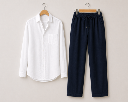White & Navy Linen Set – Chest Pocket